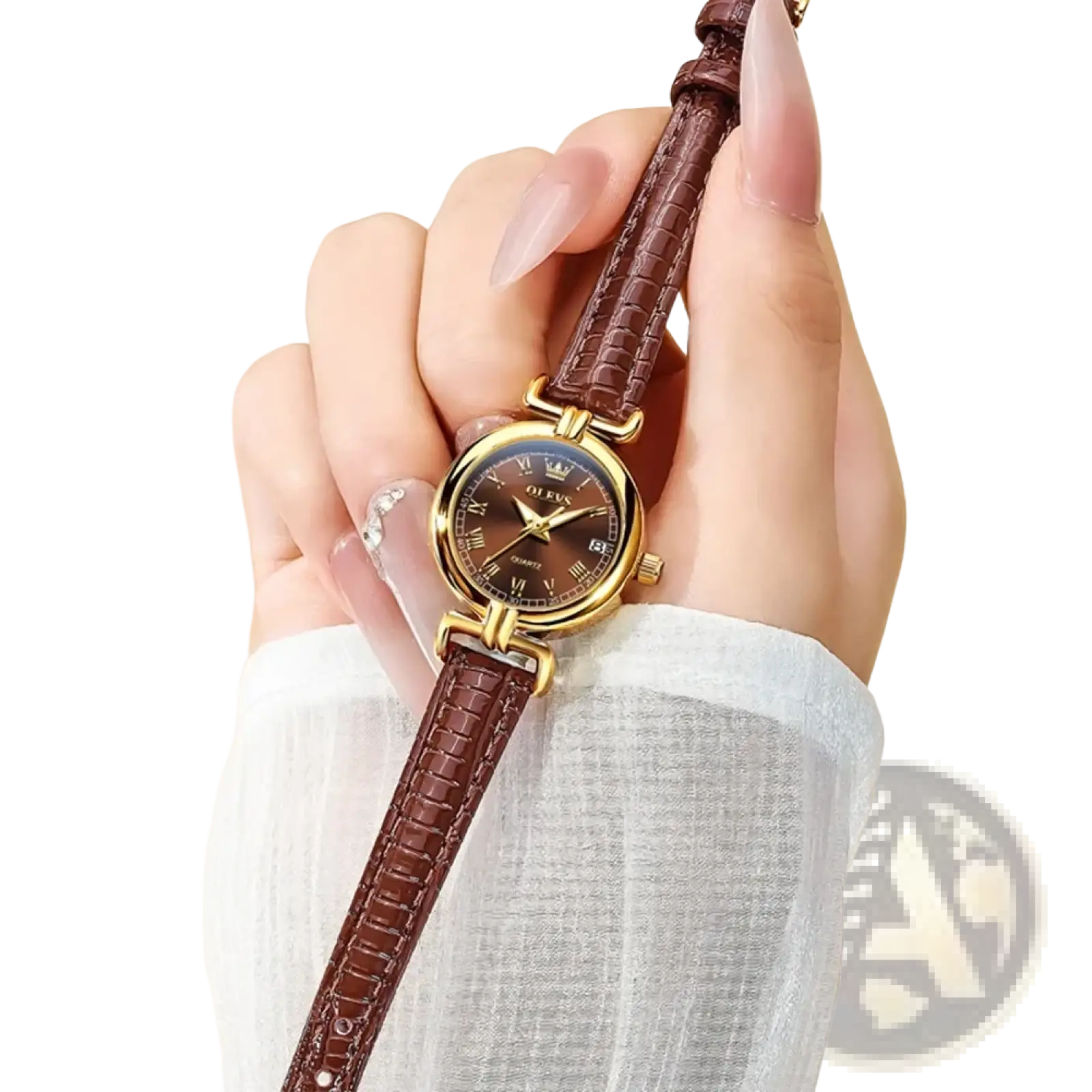 A delicate olevs women gold quartz watch with a brown crocodile-patterned leather strap and roman numeral dial