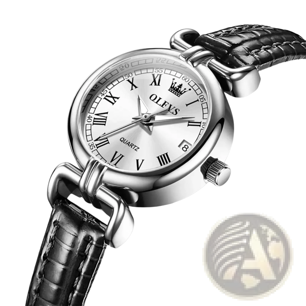 Silver-toned olevs women quartz watch with round face, roman numerals, and black crocodile-patterned leather strap