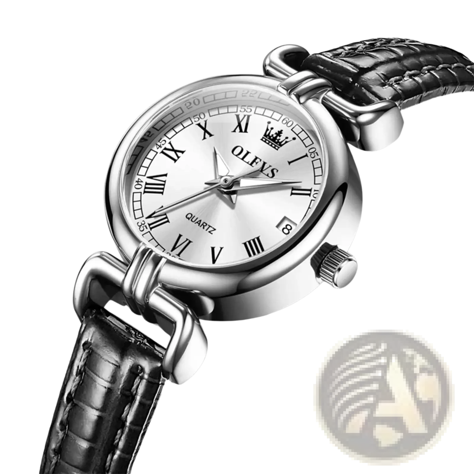 Silver-toned olevs women quartz watch with round face, roman numerals, and black crocodile-patterned leather strap