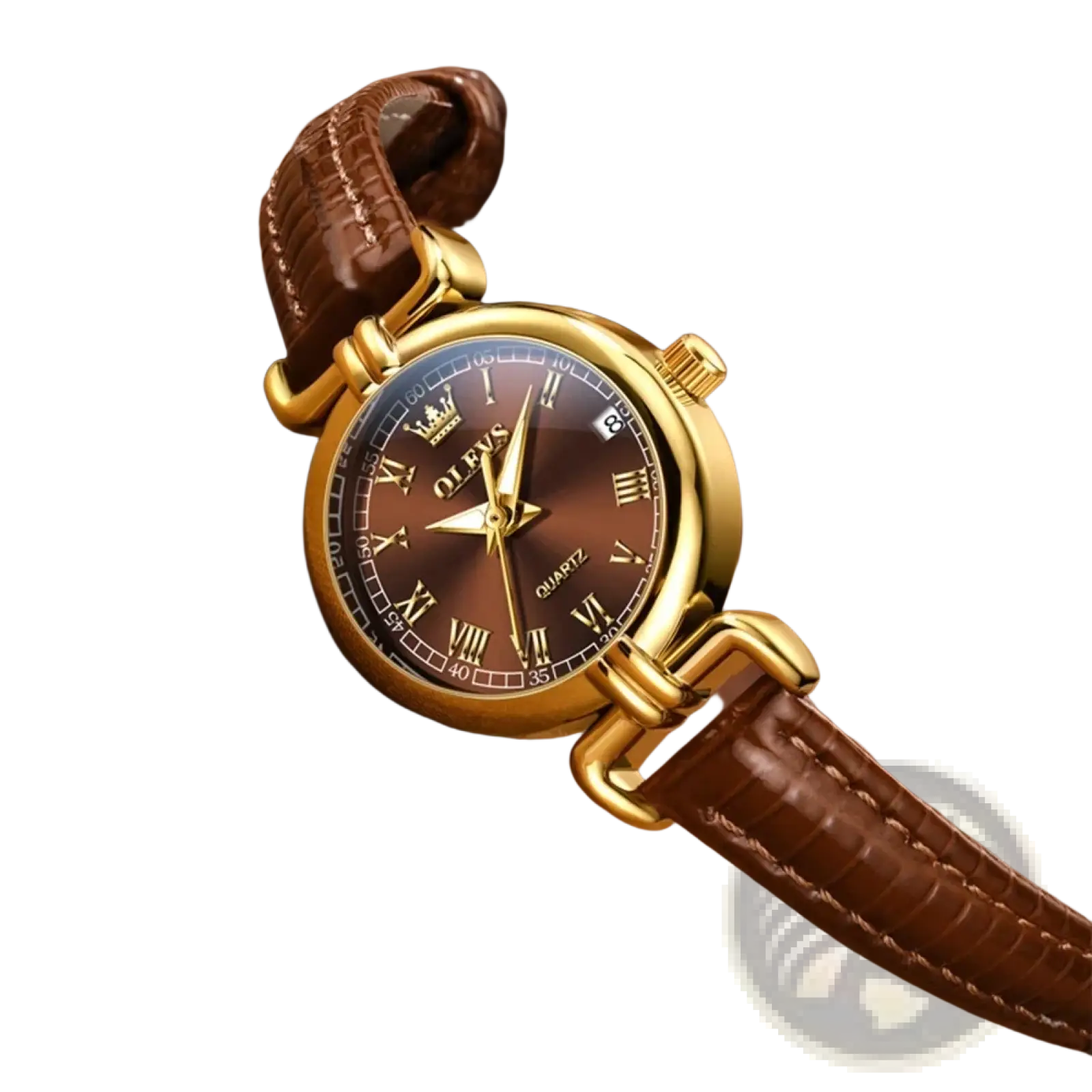 Olevs women gold quartz watch with brown leather strap and roman numeral dial for elegant timekeeping