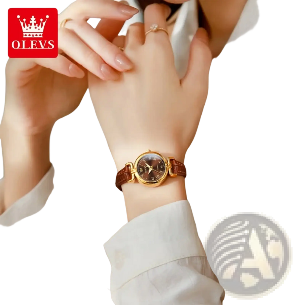 Olevs women gold quartz watch with brown leather strap and dark dial in a classic elegant design