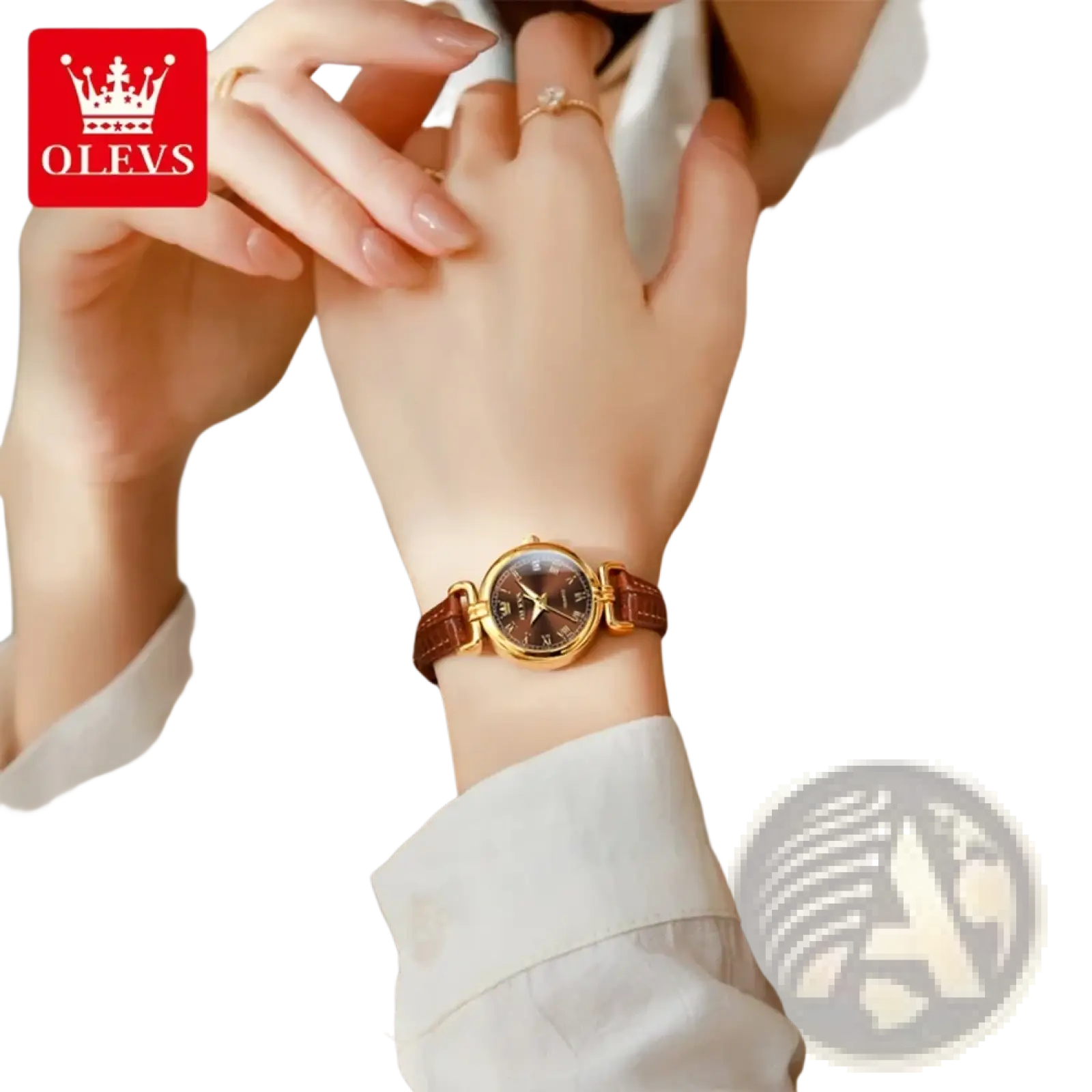 Olevs women gold quartz watch with brown leather strap and dark dial in a classic elegant design