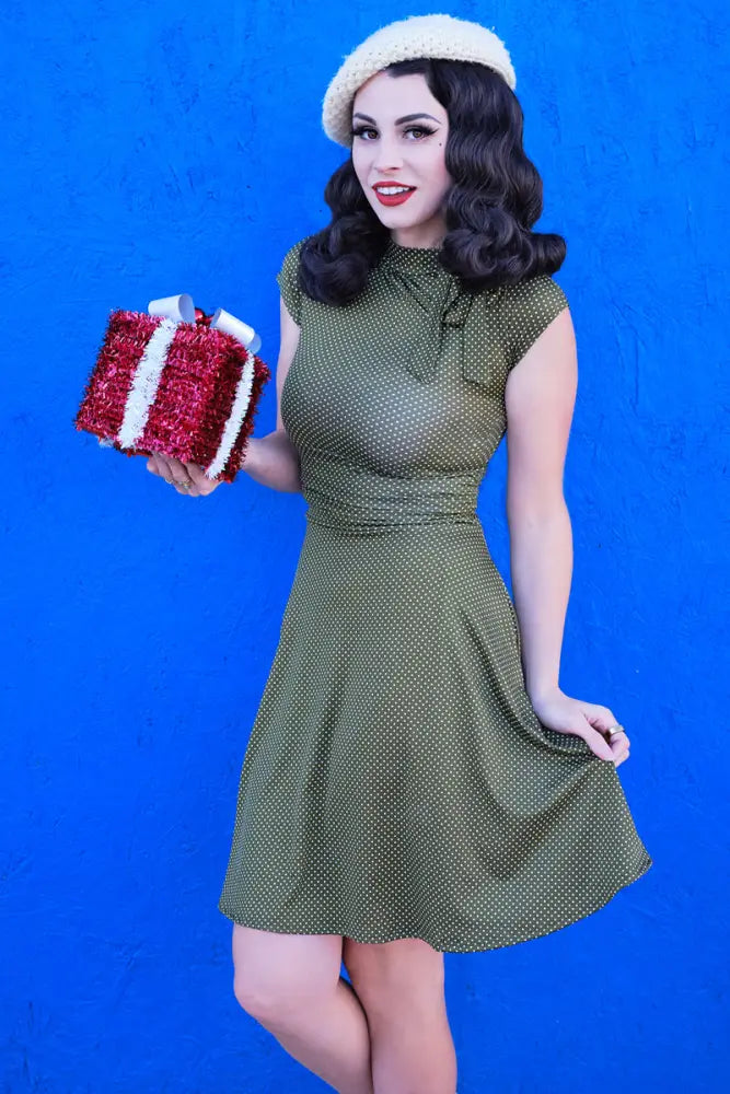 Olive green polka-dot plus size flare dress with fitted bodice and retro style for elegant occasions