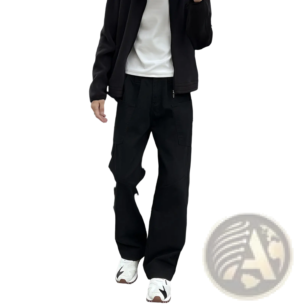 Black cargo pants with multiple pockets and a relaxed fit made of cotton for mens workwear use