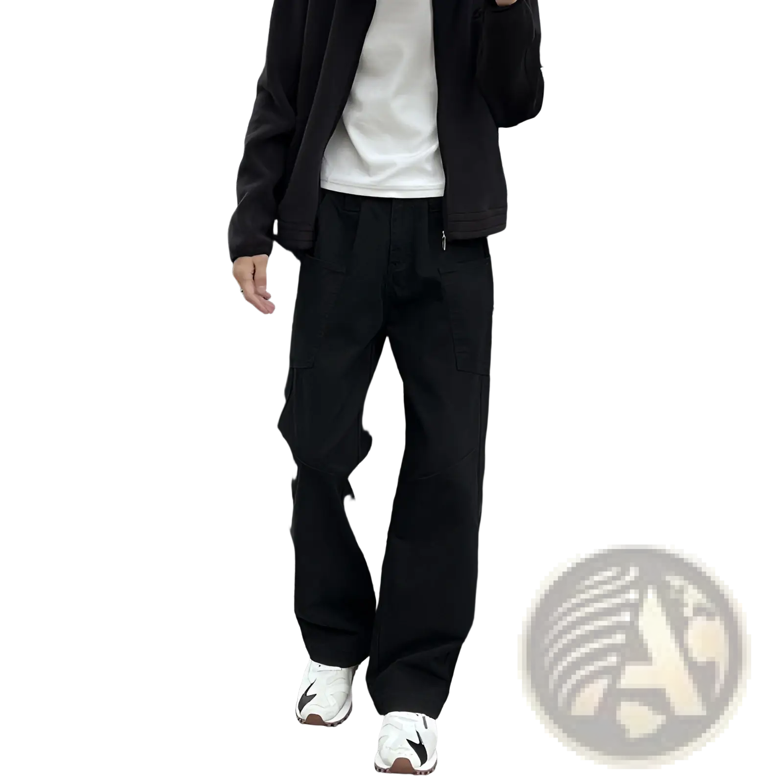 Black cargo pants with multiple pockets and a relaxed fit made of cotton for mens workwear use