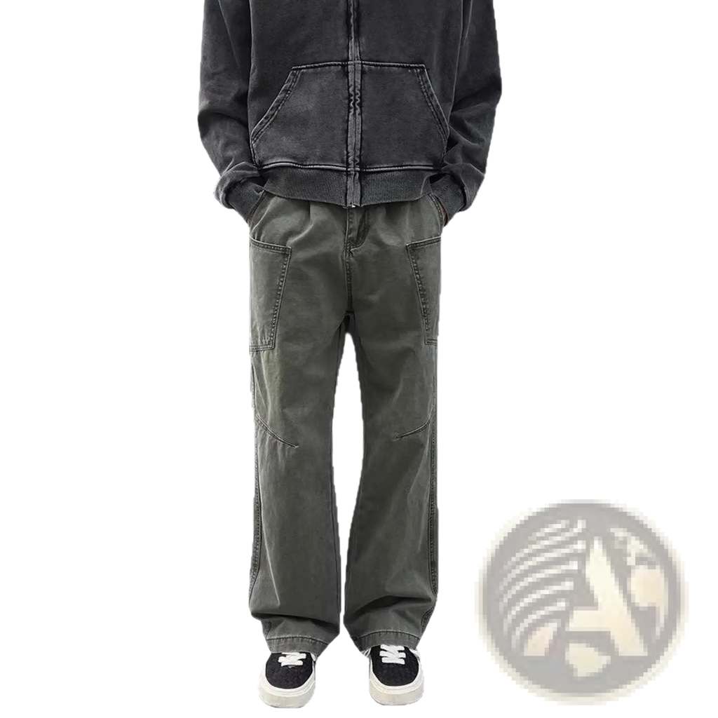 Dark olive green mens cotton cargo pants with multiple pockets and relaxed straight-leg workwear fit