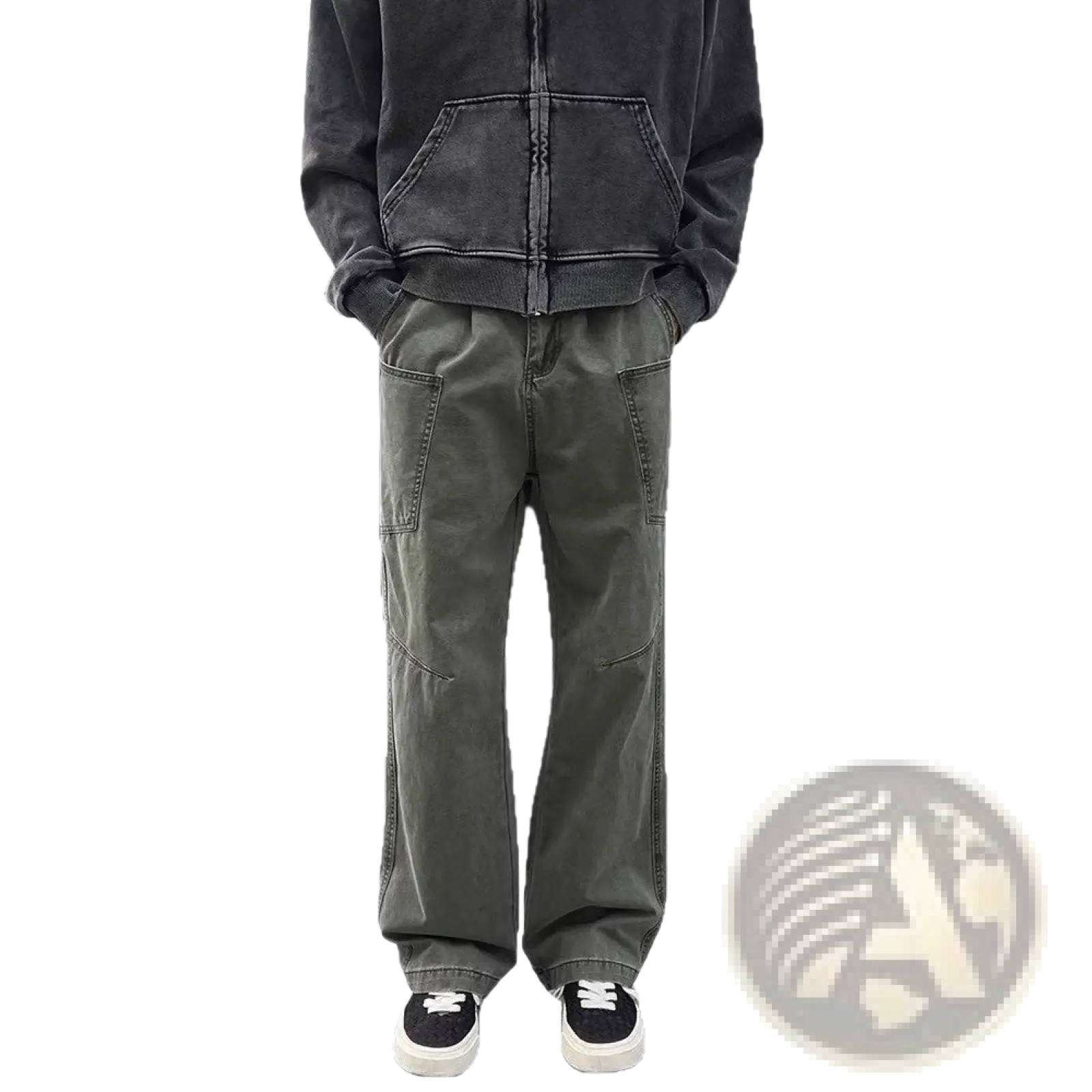 Dark olive green mens cotton cargo pants with multiple pockets and relaxed straight-leg workwear fit