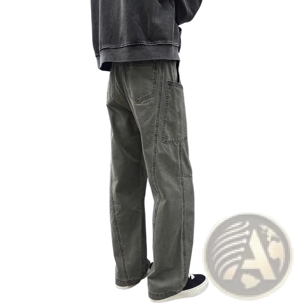 Olive green cargo pants mens cotton workwear with straight-leg cut multiple pockets and visible stitching