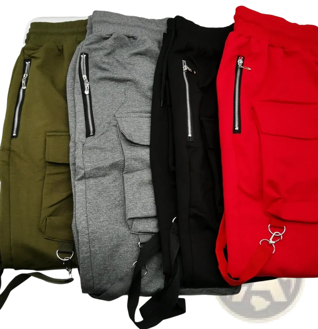 Olive green cargo sweatpants with zippered side pockets in olive, heather gray, black, and red with drawstrings