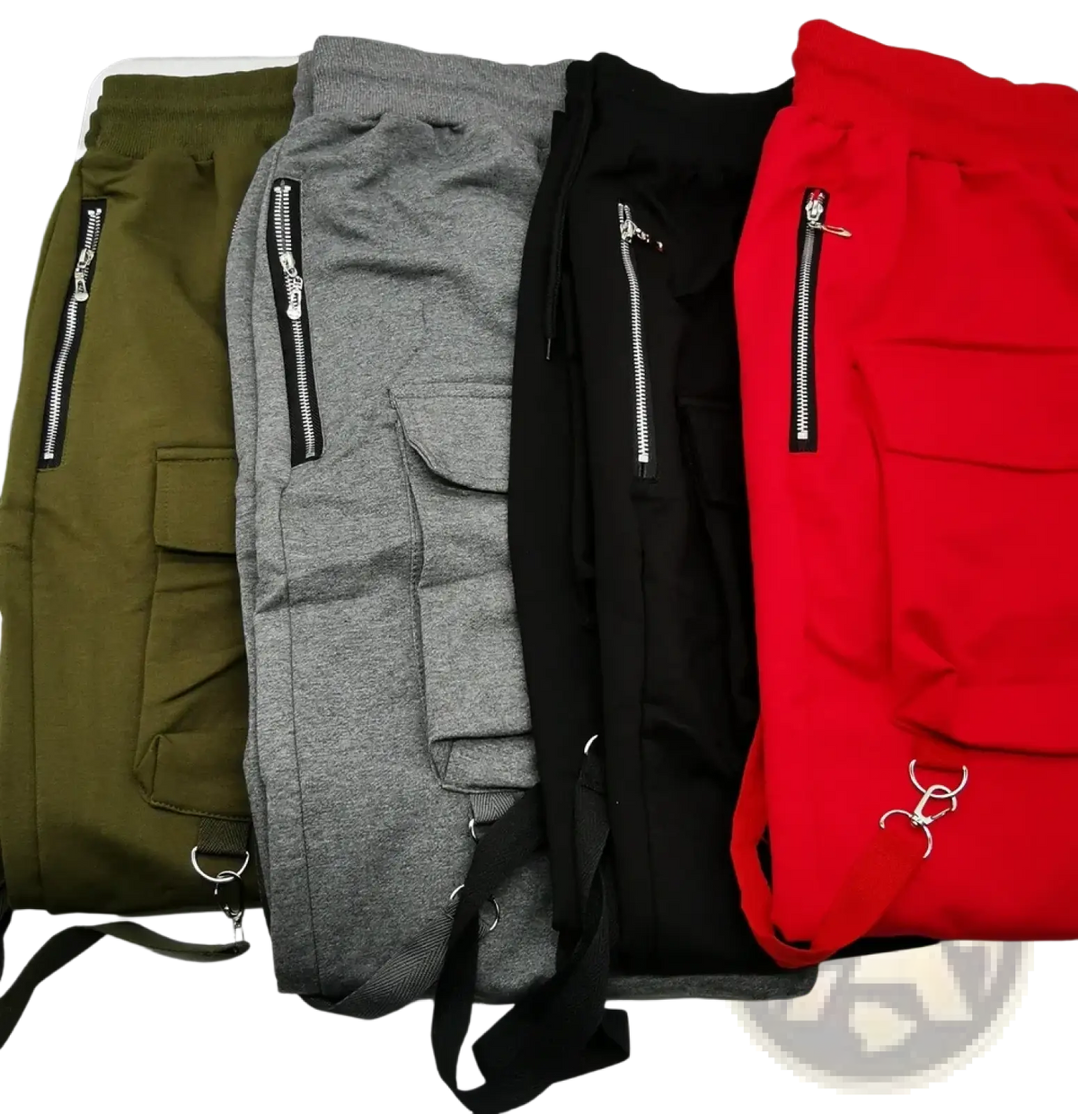 Olive green cargo sweatpants with zippered side pockets in olive, heather gray, black, and red with drawstrings