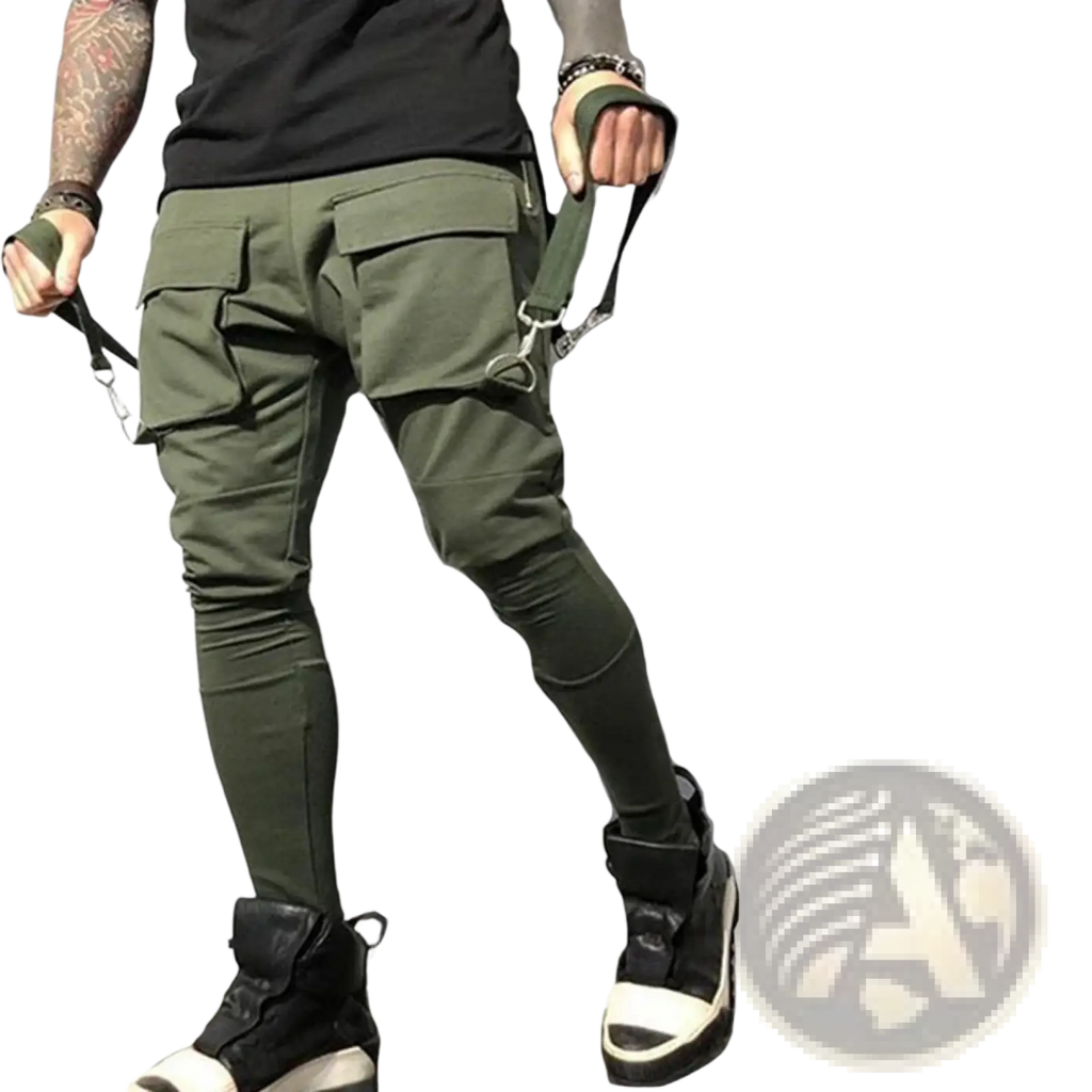 Olive green cargo sweatpants featuring multiple pockets and a drawstring waistband for comfortable casual wear