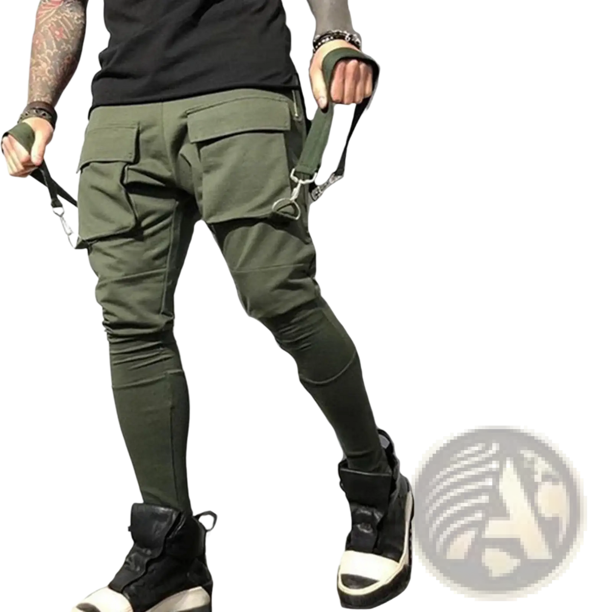 Olive green cargo sweatpants featuring multiple pockets and a drawstring waistband for comfortable casual wear
