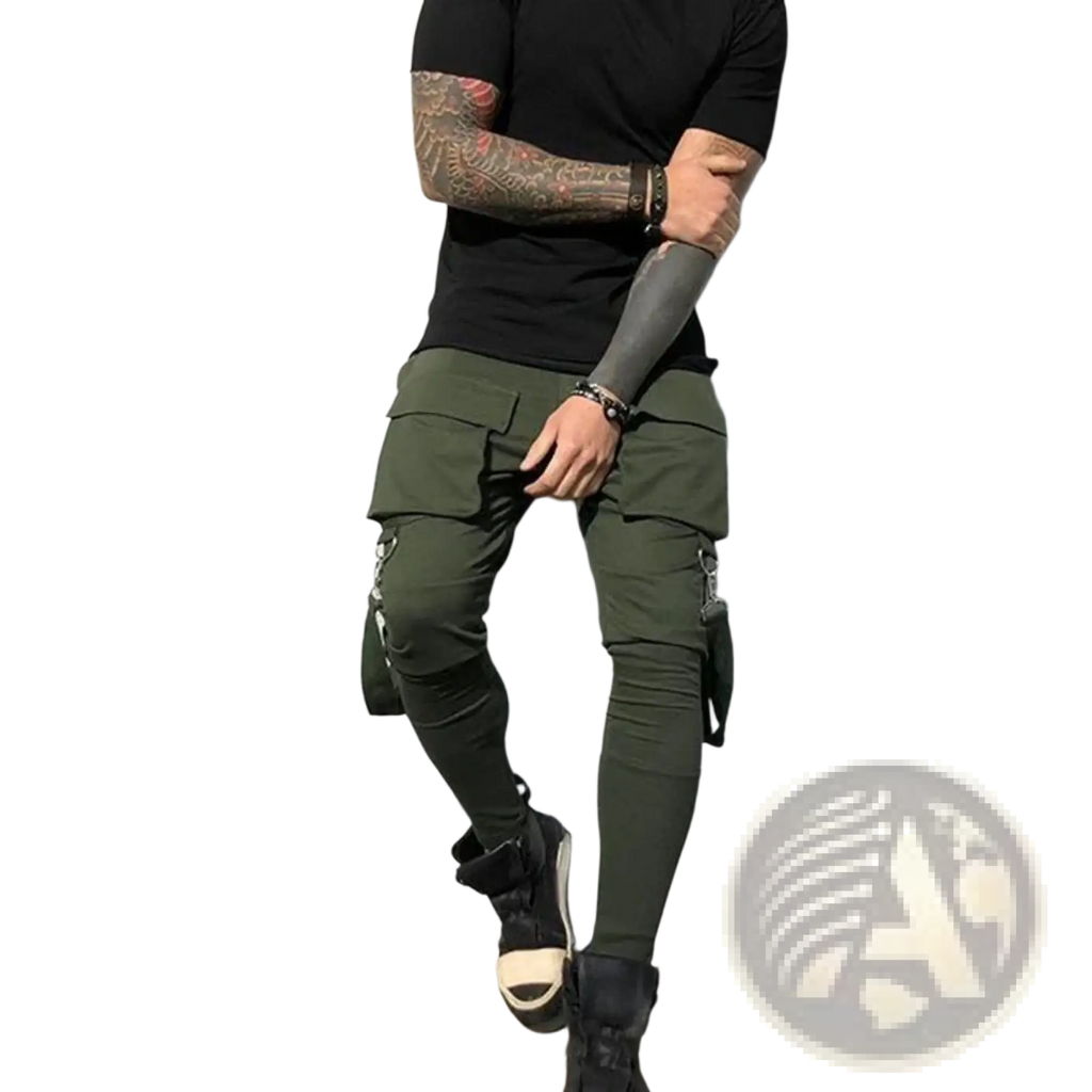 Olive green cargo sweatpants with multiple pockets and zipper details designed for casual and functional wear