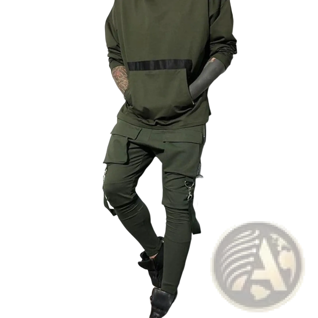 Olive green cargo sweatpants in soft fabric featuring multiple pockets and black zipper pulls for casual wear
