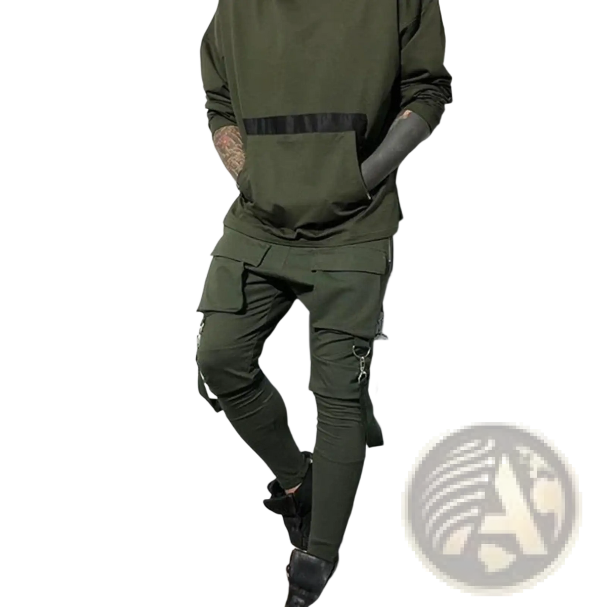 Olive green cargo sweatpants in soft fabric featuring multiple pockets and black zipper pulls for casual wear
