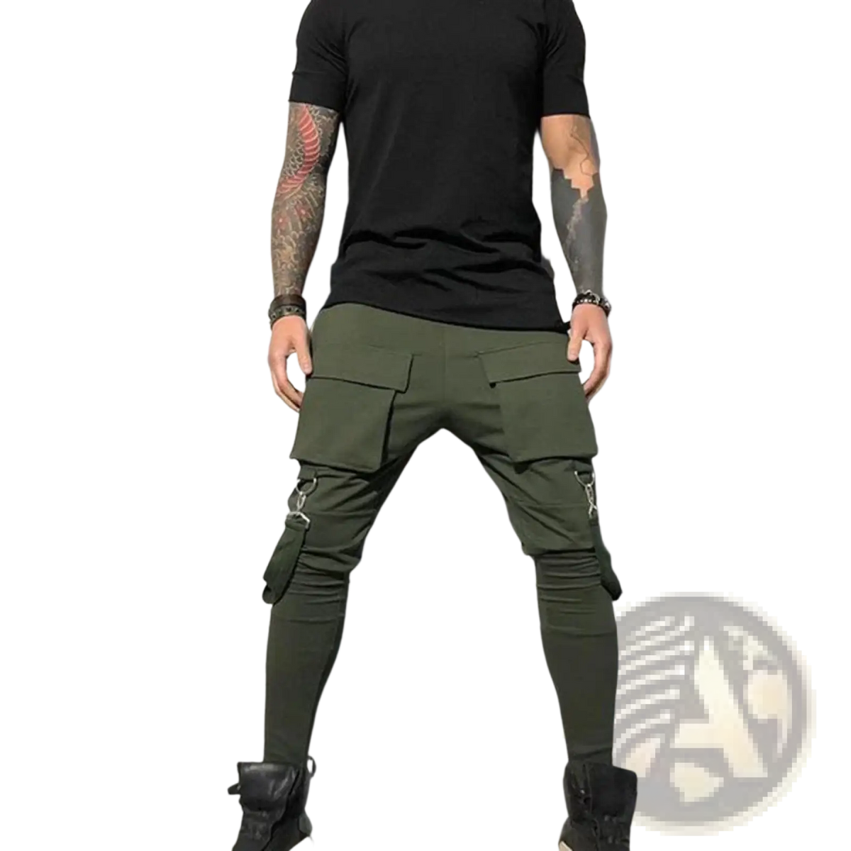 Olive green cargo sweatpants made of soft fabric with multiple pockets and reinforced knee patches for durability
