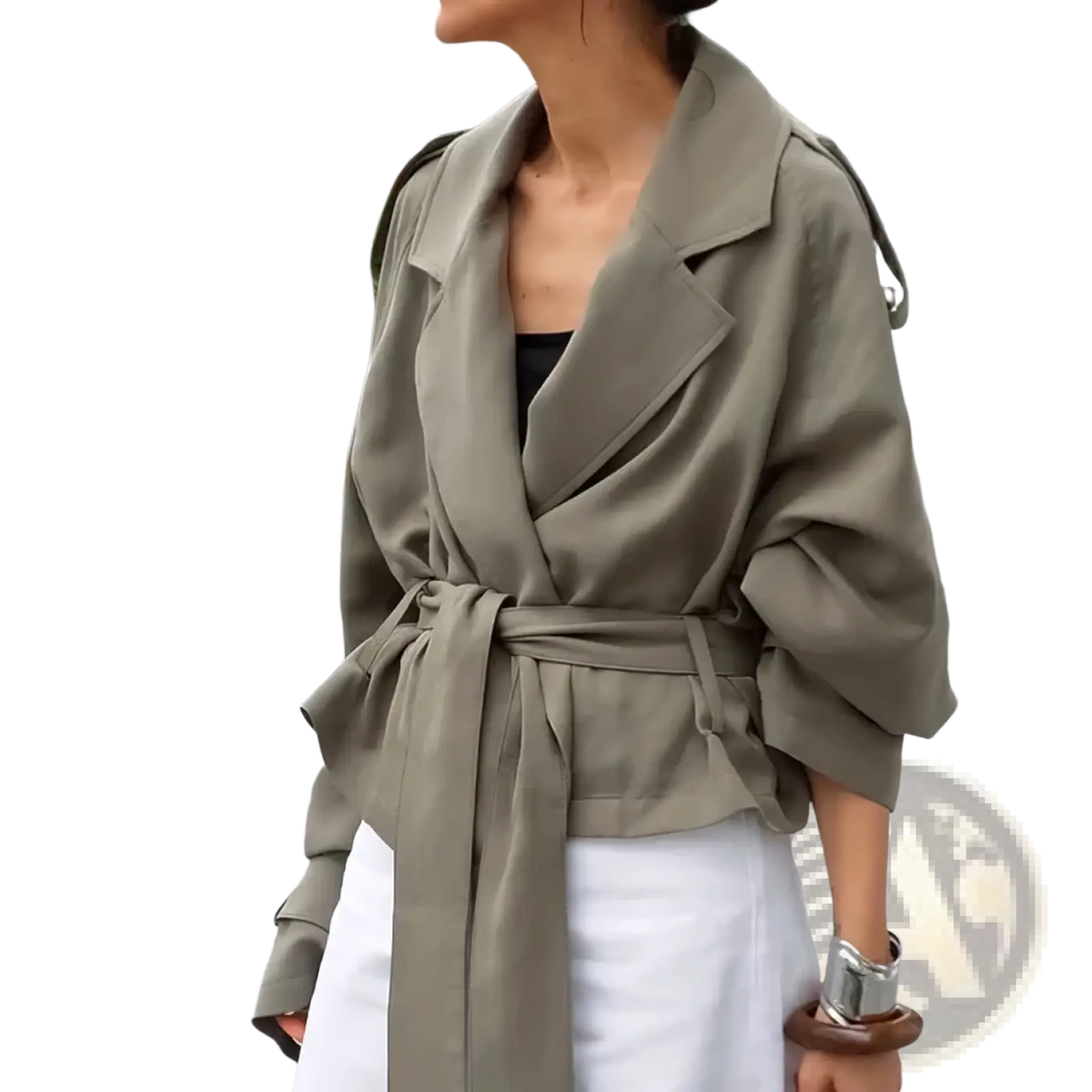 Olive green cropped trench coat belted jacket with relaxed fit and wide lapels for stylish outerwear wear
