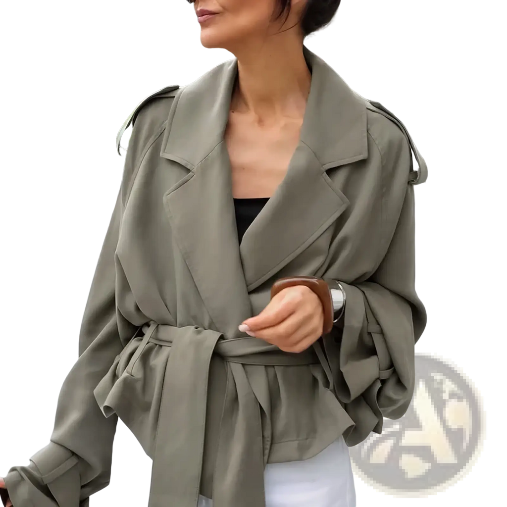 Olive green cropped trench coat with belt wide lapels and relaxed fit for stylish outerwear use