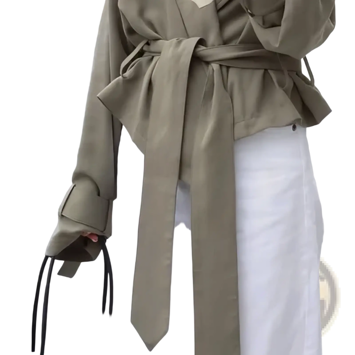 Olive green cropped trench coat with a belted waist peplum hem and rolled cuffs in durable fabric