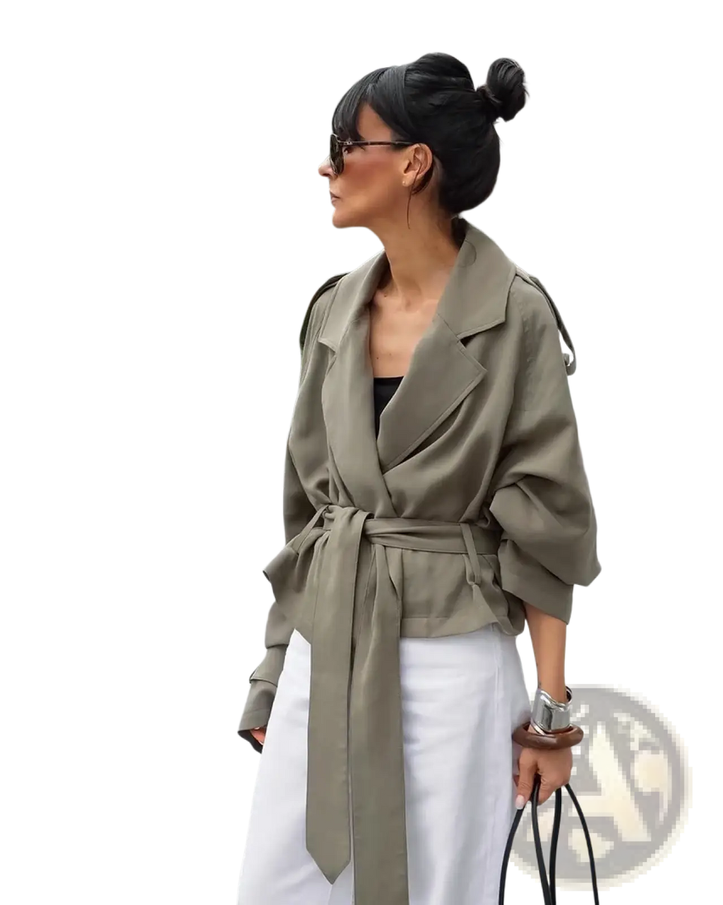 Olive green cropped trench coat belted jacket with relaxed fit and soft fabric for comfortable wear