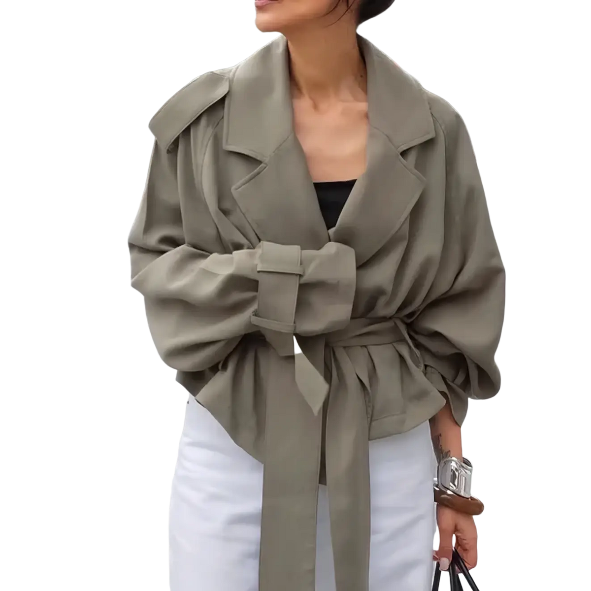 Olive green cropped belted trench coat jacket featuring wide lapels and voluminous sleeves in lightweight fabric
