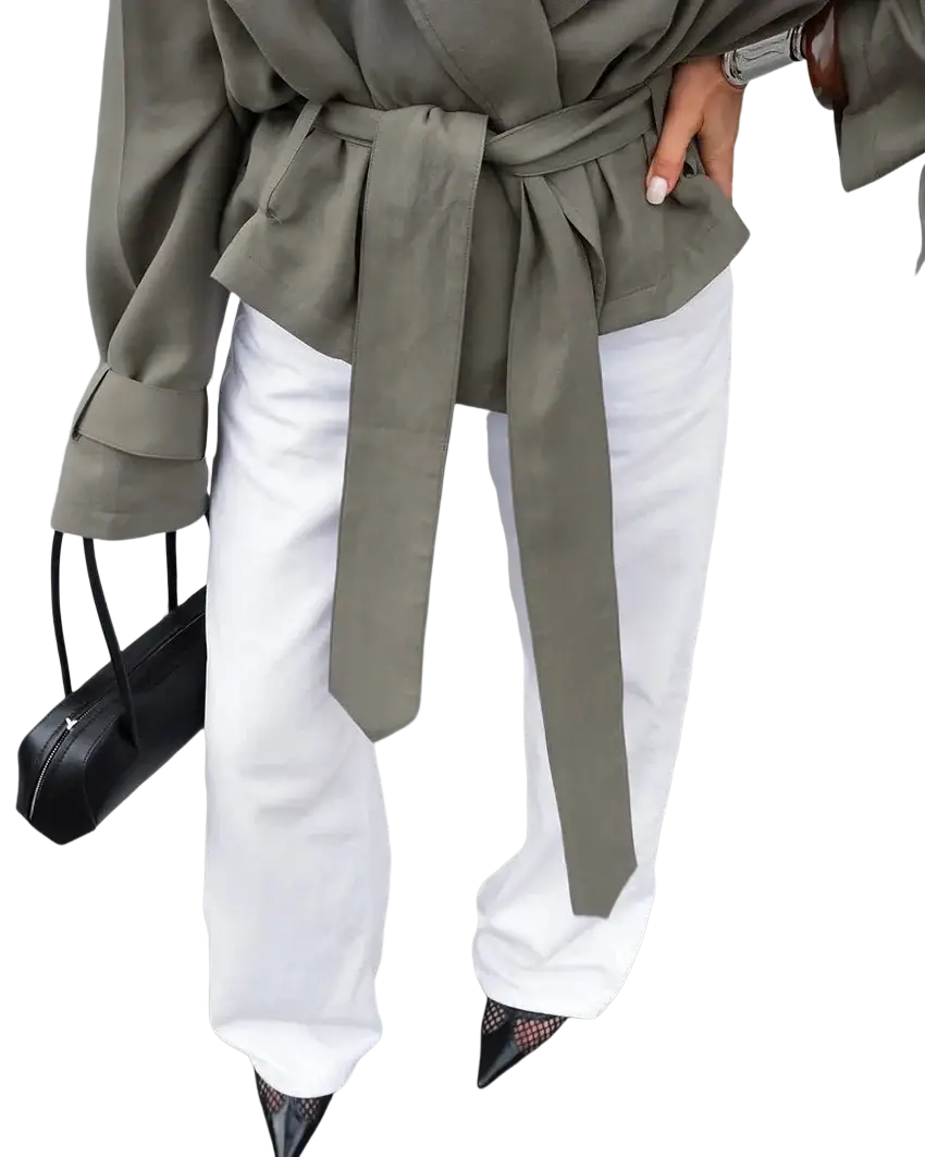 Olive green belted blouse with wide sleeves and relaxed wrap-style fit in a cropped trench coat jacket design