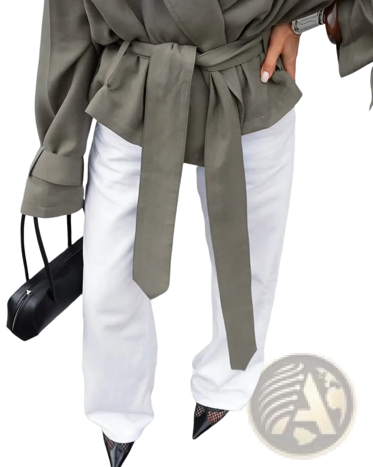 Olive green belted blouse with wide sleeves and relaxed wrap-style fit in a cropped trench coat jacket design