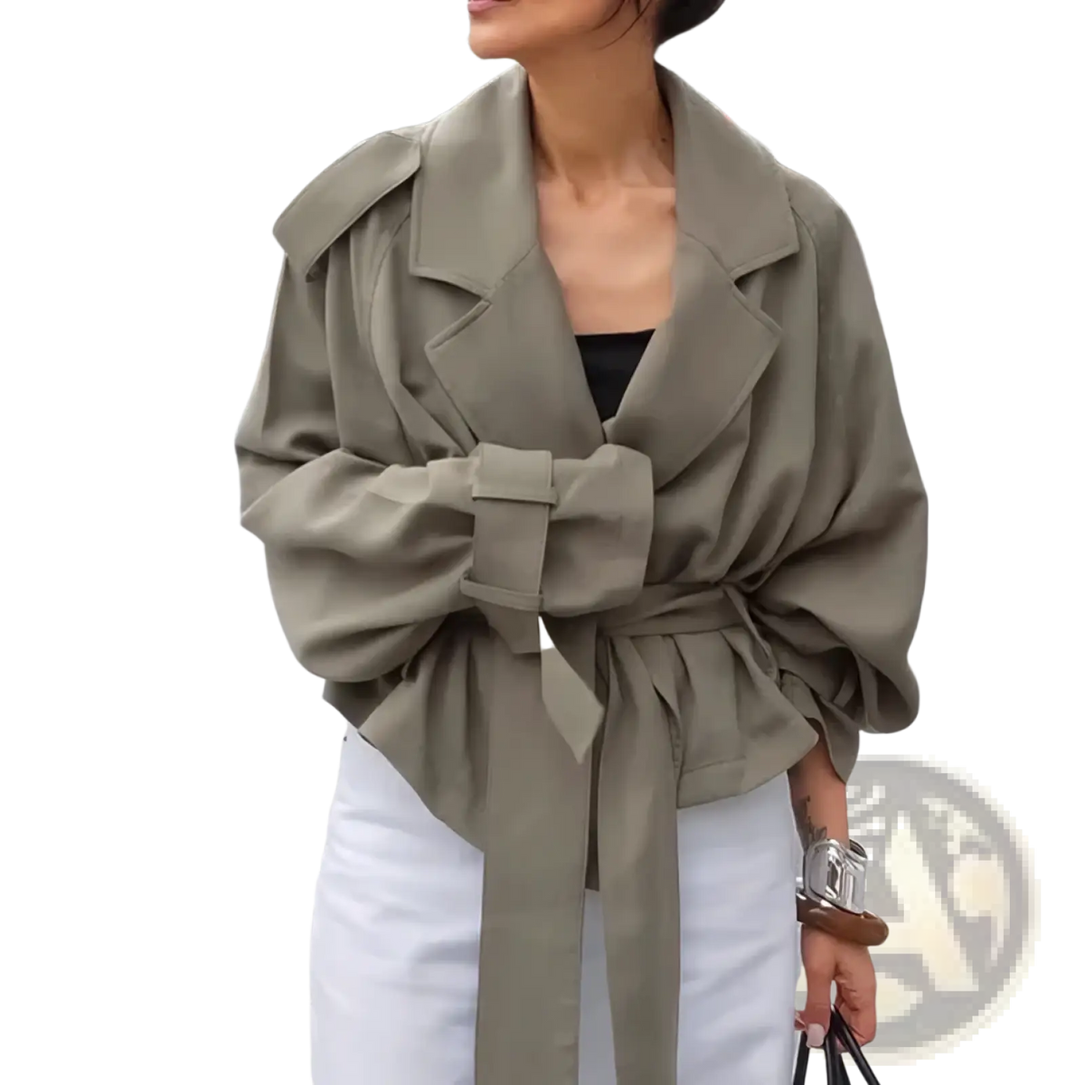 Olive green cropped belted trench coat jacket featuring wide lapels and voluminous sleeves in lightweight fabric