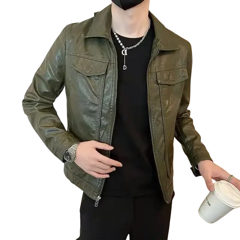 Olive green faux leather jacket for men suits featuring a classic collar and front zipper closure