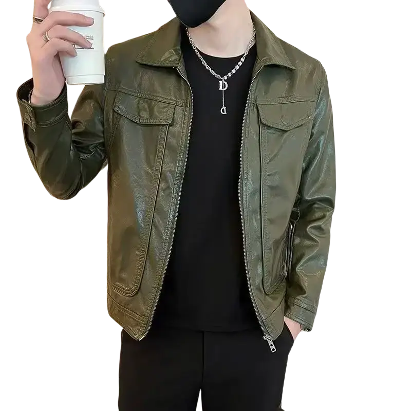 Olive green faux leather jacket with classic collar and zipper closure designed for man suits and formal wear