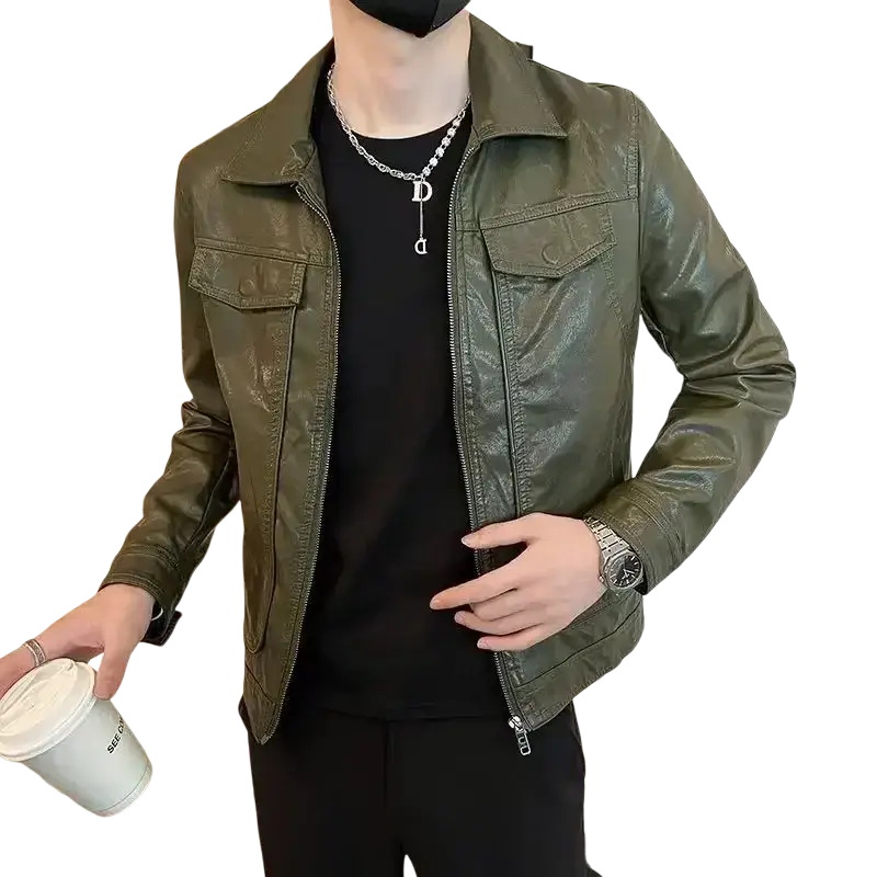 Olive green faux leather jacket for men suits with classic collar front zipper closure and two chest pockets