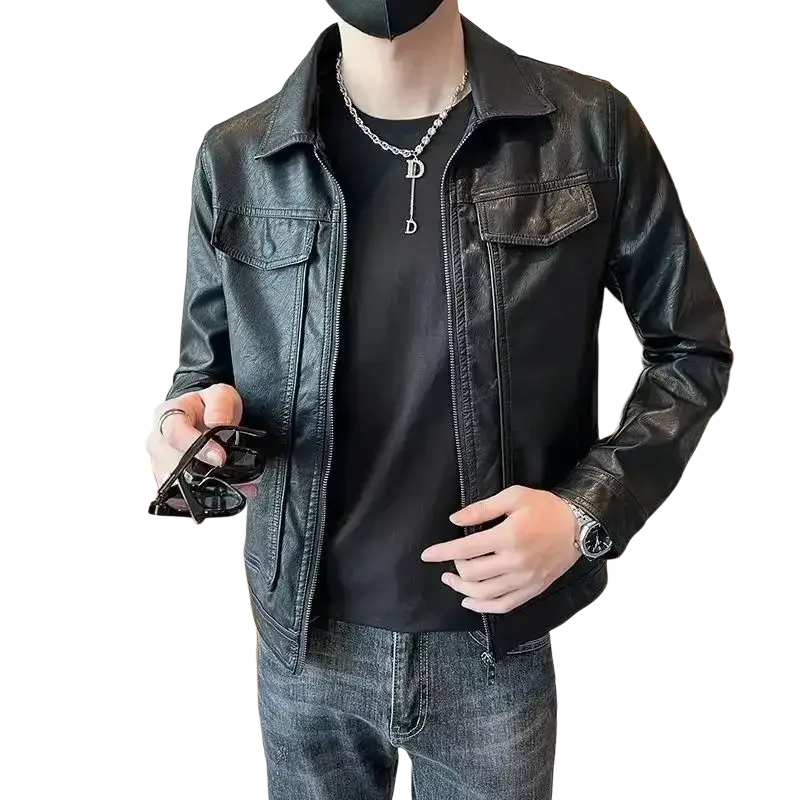 Black leather jacket with zipper front and two chest pockets suitable for man suits in olive green faux leather style
