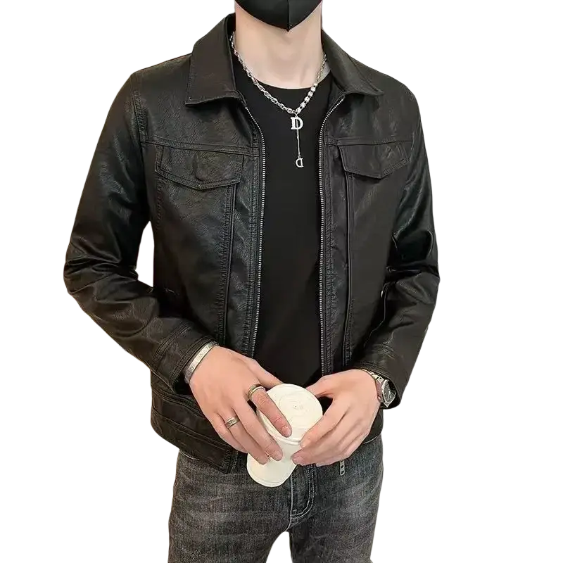 Black faux leather jacket with classic collar and front zipper featuring two chest pockets for man suits