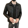 Black faux leather jacket with classic collar and front zipper featuring two chest pockets for man suits