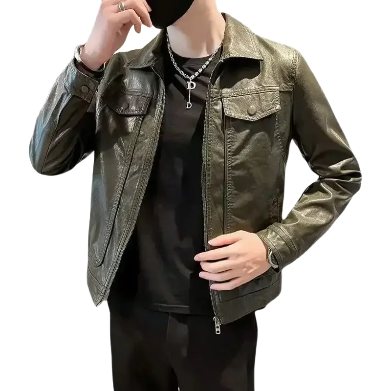 A sleek olive green faux leather jacket for men suits with a classic collar and front zipper closure