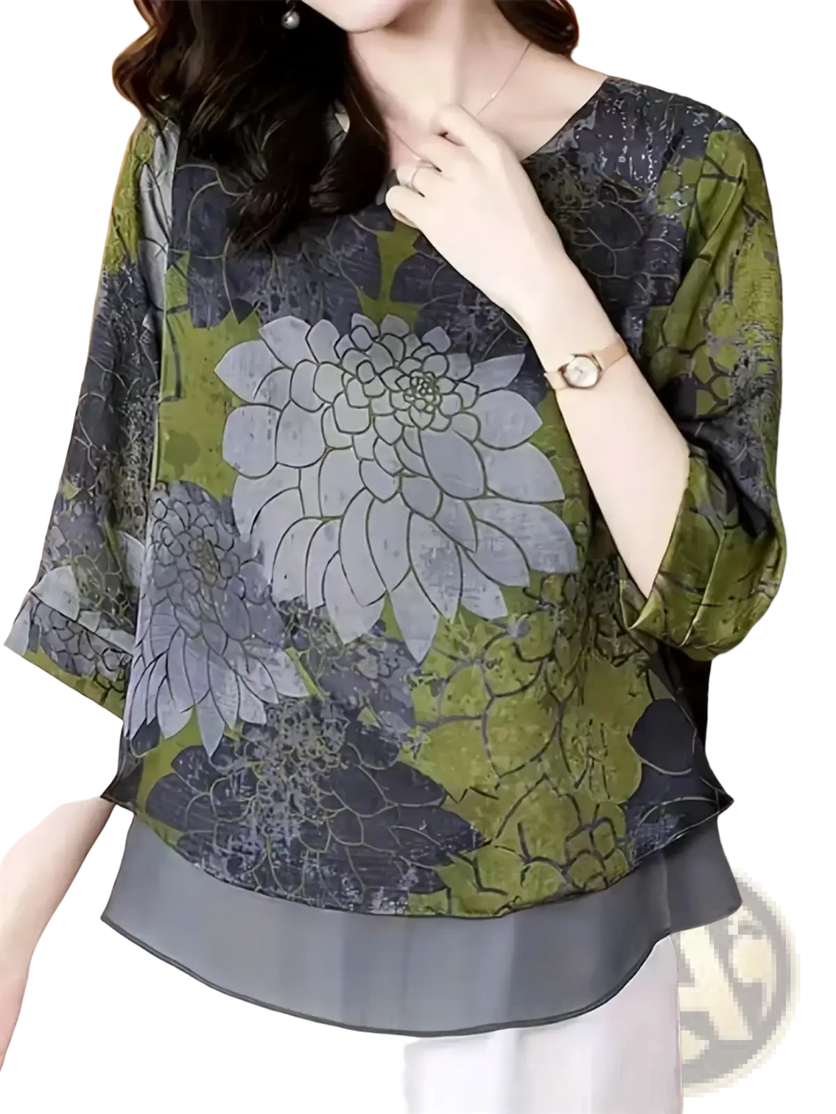 Olive green floral chiffon blouse with gray print and sheer layered fabric ideal for elegant occasions