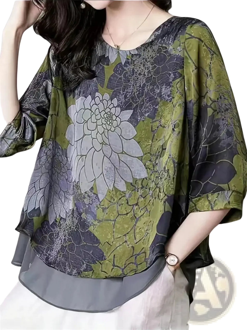 Olive green and gray floral chiffon blouse with sheer flowing fabric perfect for elegant casual wear
