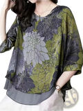 Olive green and gray floral chiffon blouse with sheer flowing fabric perfect for elegant casual wear