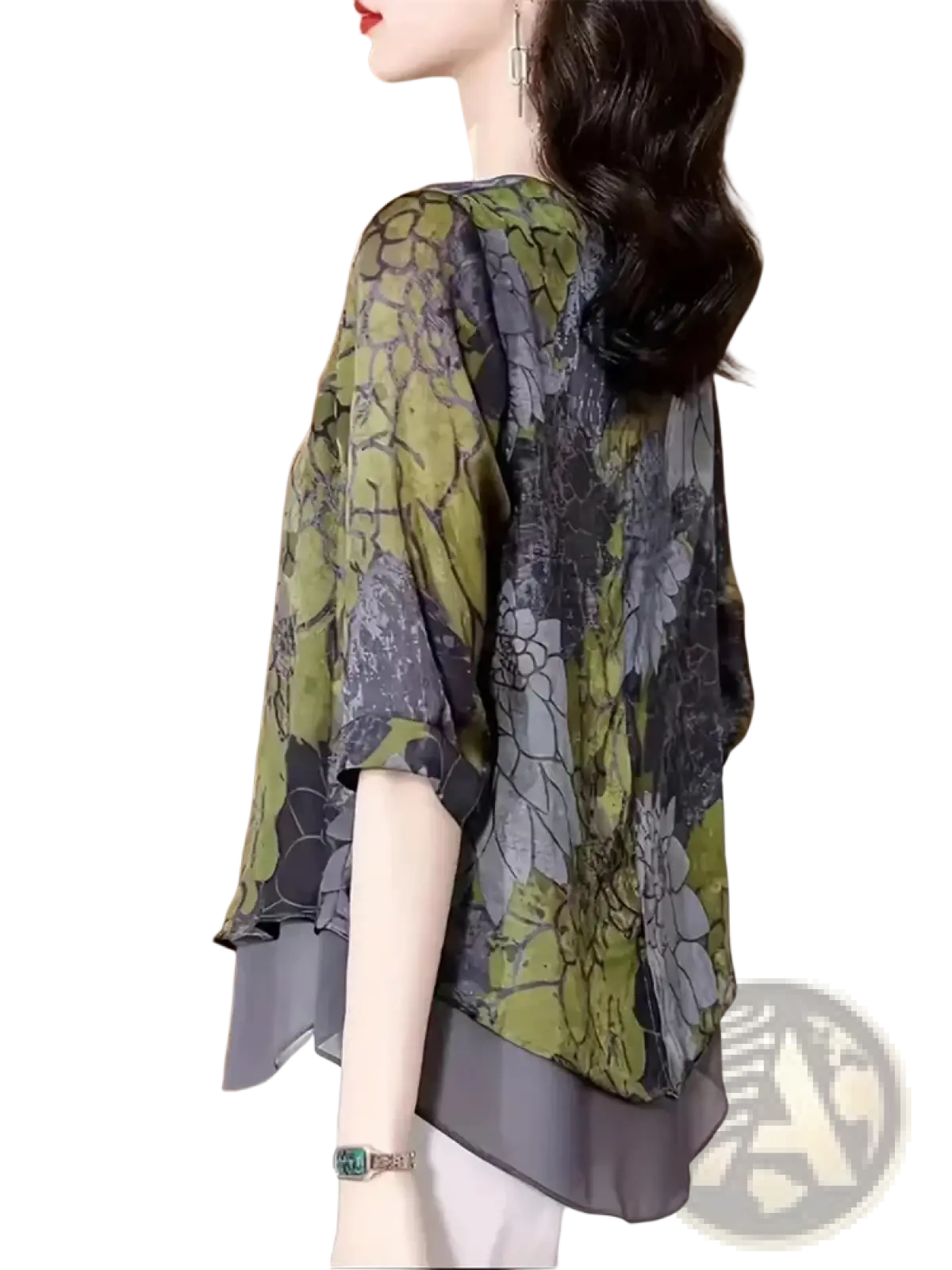 A flowing semi-sheer chiffon blouse in olive green and gray with a delicate floral pattern