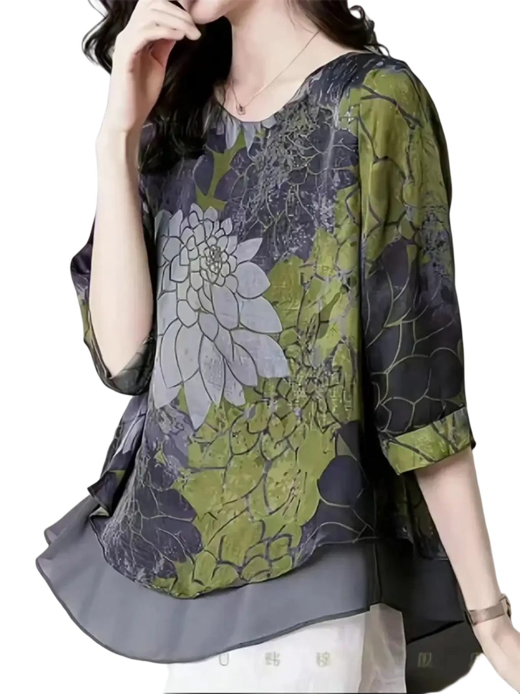 A flowing olive green and dark gray chiffon blouse with three-quarter sleeves and an intricate floral pattern