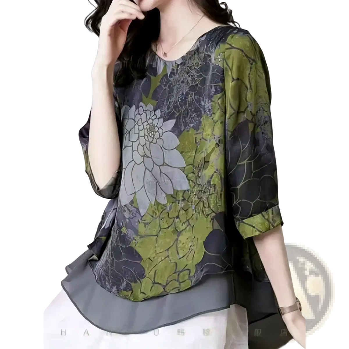 A flowing olive green floral chiffon blouse with three quarter sleeves in a soft olive and dark gray blend