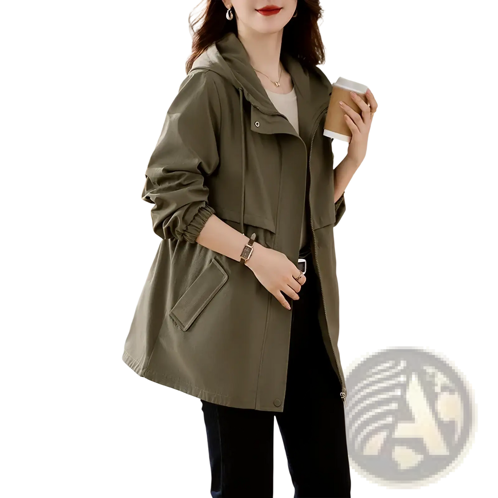 Olive green hooded windbreaker trench coat with elastic cuffs and front pockets made of lightweight material