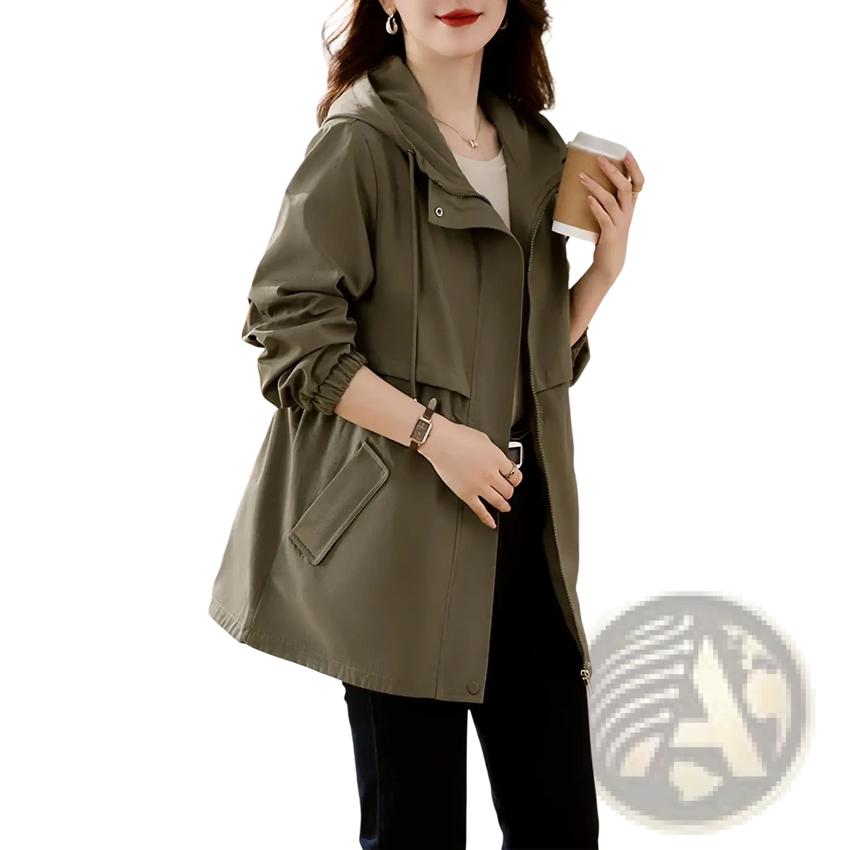 Olive green hooded windbreaker trench coat with elastic cuffs and front pockets made of lightweight material