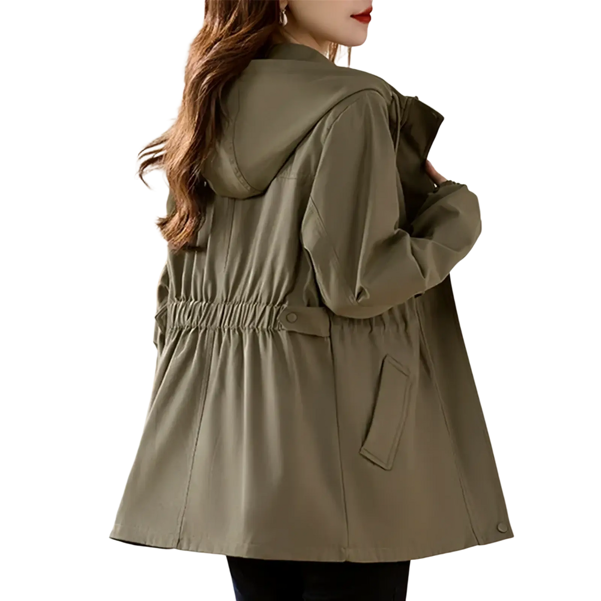 Olive green hooded windbreaker trench coat with elastic waistband and side pockets for versatile outerwear use