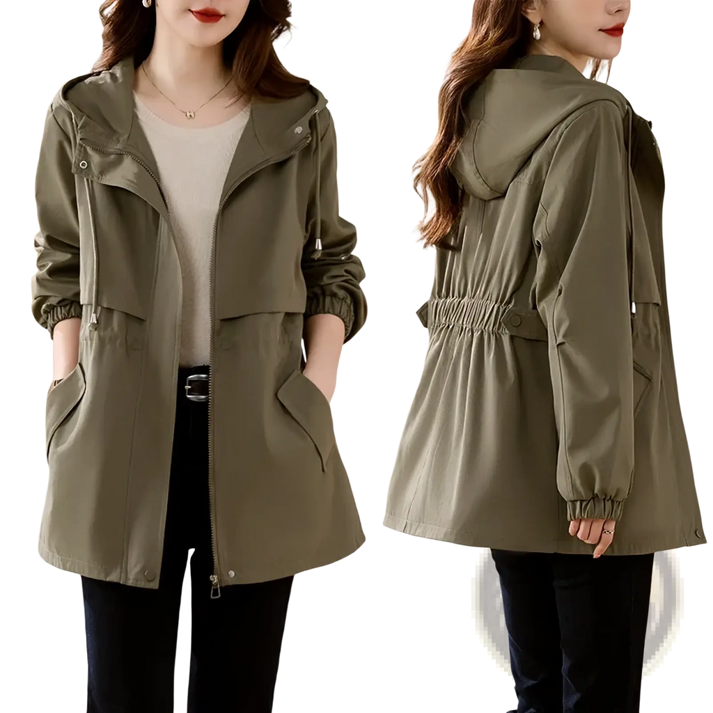 Olive green hooded windbreaker trench coat with elastic cuffs and waistband for lightweight weather protection