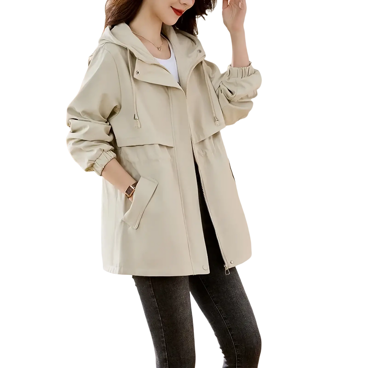 Beige hooded trench coat with elastic cuffs and front pockets in olive green hooded windbreaker style
