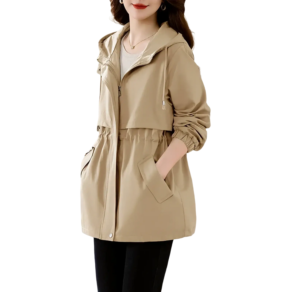 Olive green hooded windbreaker trench coat with beige hooded trench coat featuring elastic cuffs and drawstring waist