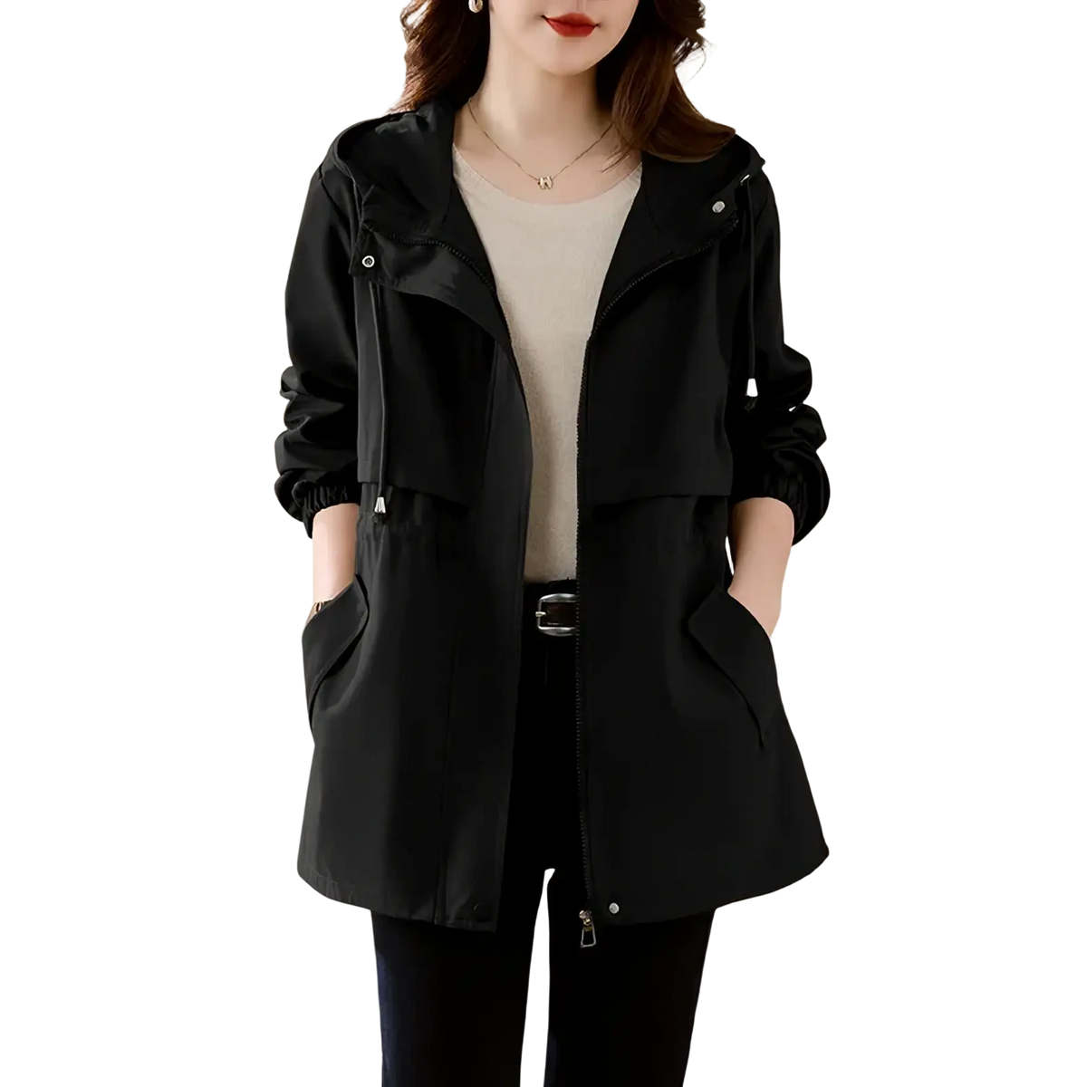 Black lightweight trench coat with hood and elastic cuffs shown from the back in olive green hooded windbreaker style