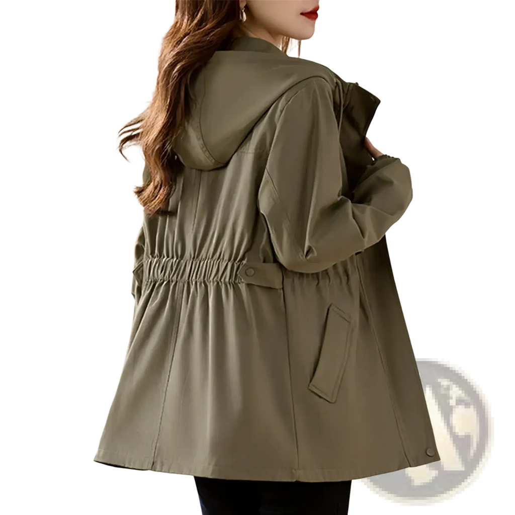 Olive green hooded windbreaker trench coat with elastic waistband and side pockets for versatile outerwear use