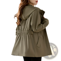 Olive green hooded windbreaker trench coat with elastic waistband and side pockets for versatile outerwear use